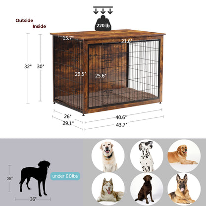 DWANTON Dog Crate Furniture with Cushion, Wooden Kennel Table with Double Doors, Indoor Dog House, Extra Large Size, 43.3" L, Rustic Brown