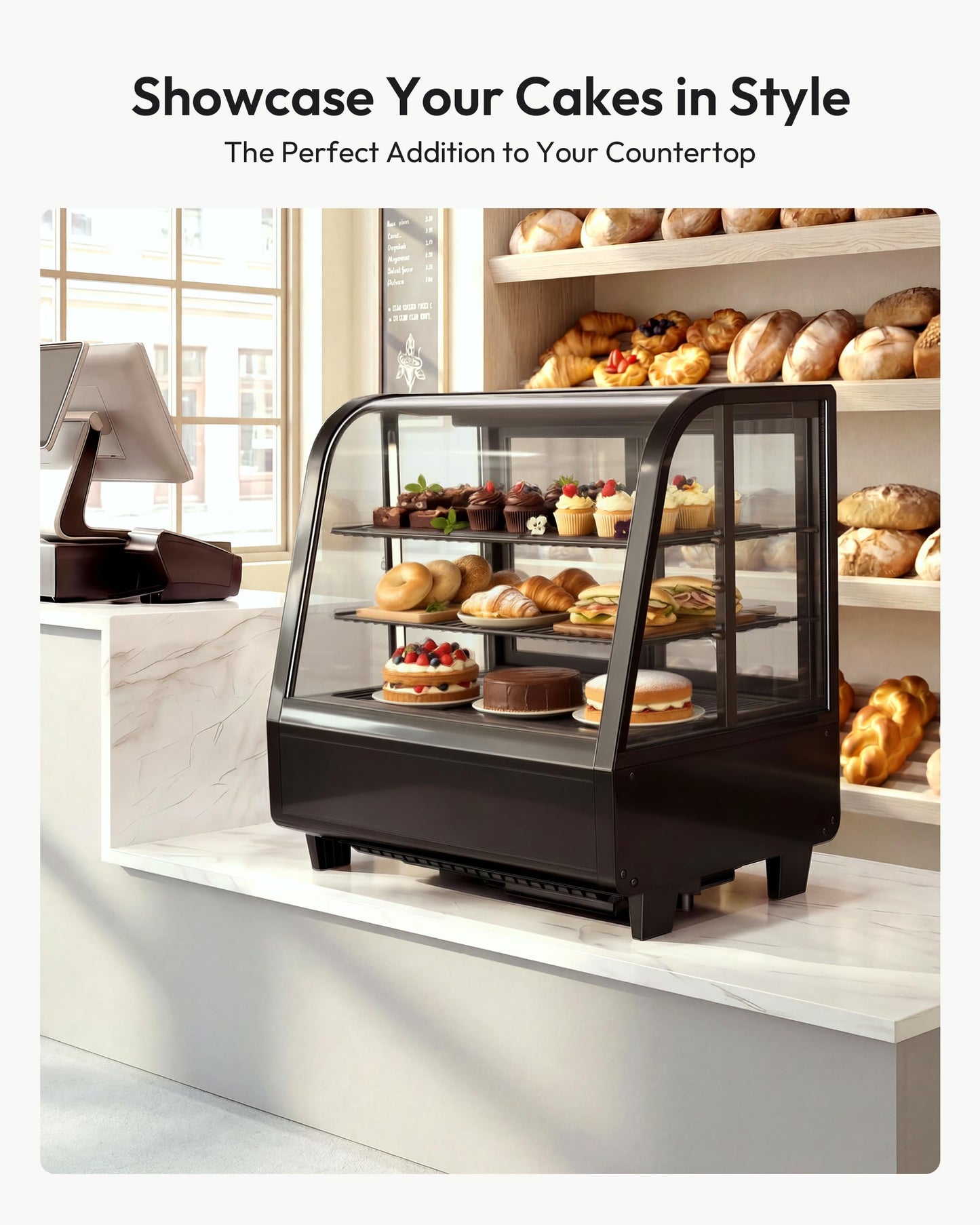 ICEVIVAL Certified Commercial Refrigerator, 3.6 Cu.Ft Countertop Refrigerator Refrigerated Display Case with Curved Glass & Auto Defrost, Freestanding Bakery Display Case for Cafe & Restaurant