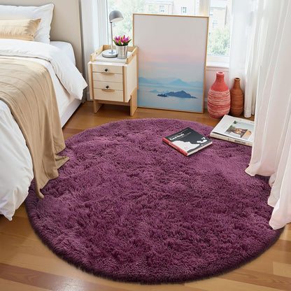 OLANLY Round Burgundy Area Rug - Soft, Machine Washable 7 ft Shaggy Carpet for Bedroom & Living Room Decor