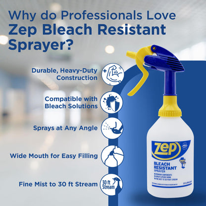 Zep Bleach Resistant Professional Sprayer Bottle - 32 oz (Pack of 2) - ZUPRO2-30 Foot Stream Spray or a Fine Mist, Adjustable Nozzle Measurements, Bleach Resistant for Up to a Year