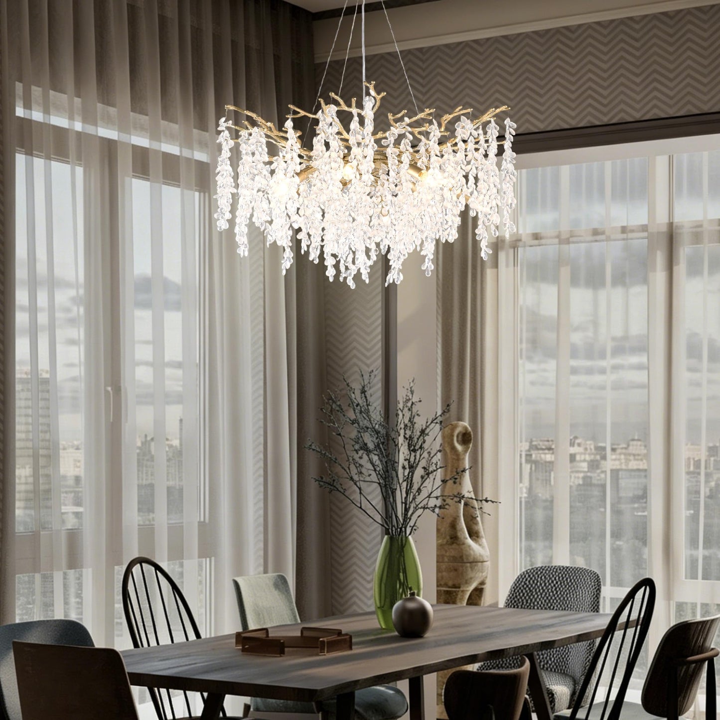32 inch 10 Light Gold Crystal Chandelier, Grape-Shaped Sparkling Cluster Pendant Light, Easy DIY Installation, Adjustable Height Modern Luxury Ceiling Light for Dining Room Living Room Foyer Entryway