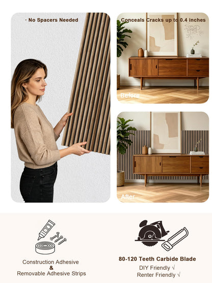 Mollywell Wood Slat Wall Panels, Walnut Acoustic Wall Panel 94.5x12.5 Inch, 8ft Arc Slat Wall Paneling, Flexible 3D Sound Proof Accent Wall Boards NRC 0.95 for TV Backdrop Bedroom, Pack of 6