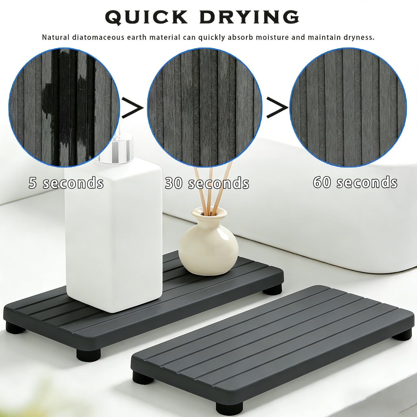 2PCS Stone Drying Tray, Water Absorbing Stone Tray for Sinks, Neat Diatomite Sink Trays, Fast Drying Kitchen Sponge Hand Soap Holder, Instant Dry Sink Coasters Used for Bathroom Counter -Dark Gray