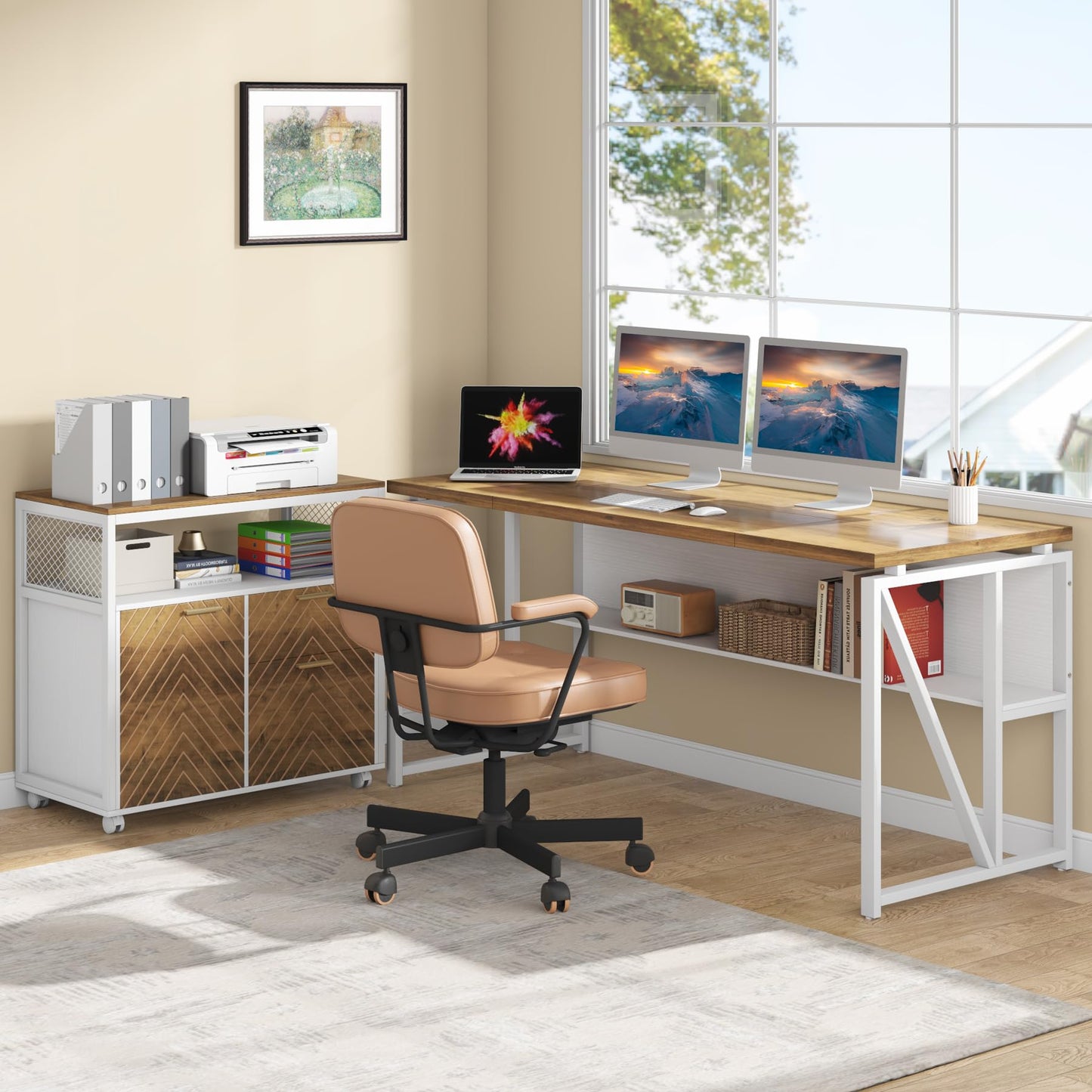 Tribesigns L Shaped Desk with Drawer,63" Executive Computer Desk and lateral File Cabinet, 2 Piece Home Office Furniture for Hanging File, Cabinet with Doors