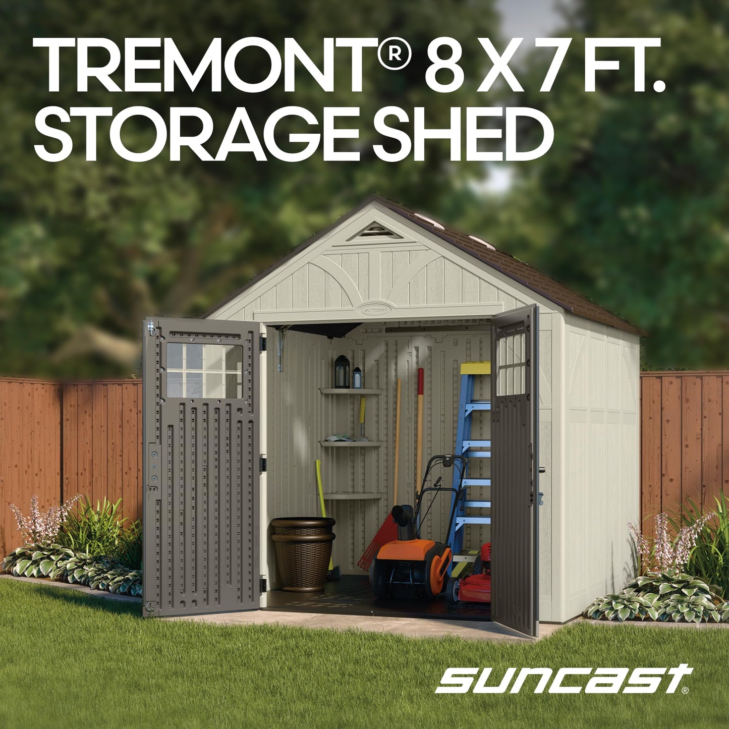 Suncast 8x7 Ft. Outdoor Storage Shed - Large Resin Shed with Floor, Lockable Double Doors, & Skylights. 378 Cu Ft Tremont Garden Sheds & Outdoor Storage for Lawn Tools, Riding Mowers, Bikes, & More