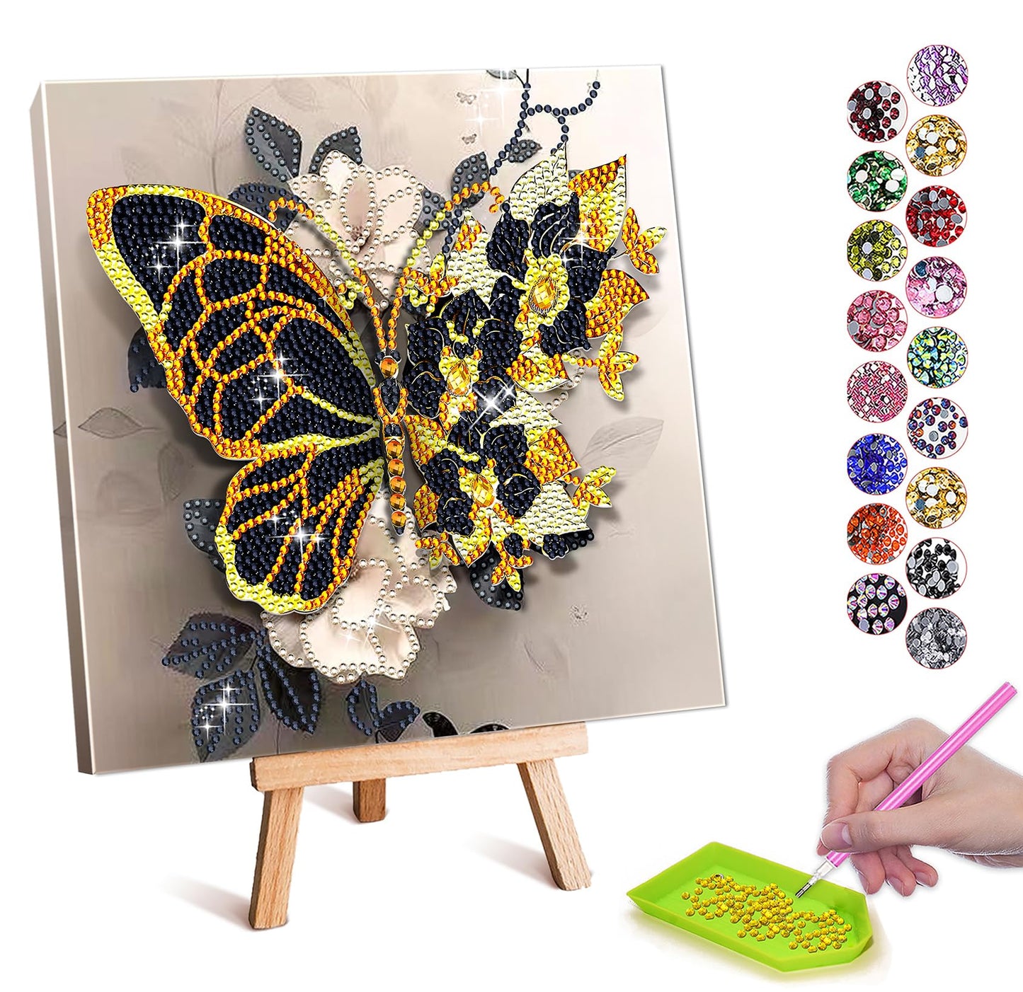 SJTYDX 5D Diamond Art Butterfly Kit with Frame, Flower Diamond Painting for Adults Beginners, DIY Gem Painting Craft with Easel, Diamond Paint Kit for Home Decor & Unique Gift, 7.8x7.8 Inc