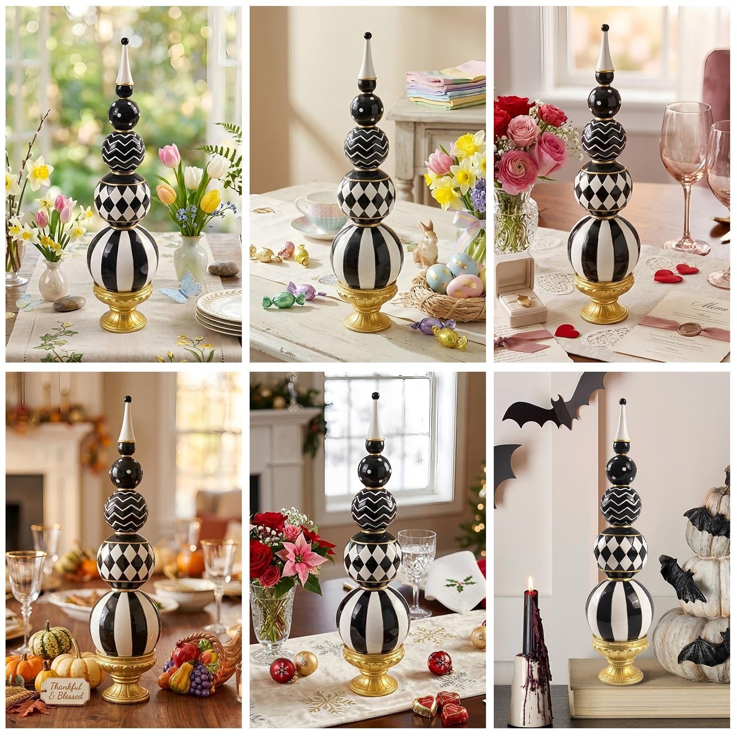 Bechivie Black and White Checkered Decor, 15.7 Inch Resin Modern Sphere Sculpture, Table Top Mantel Office Desk Shelf Halloween & Christmas Decorations for Home Statue