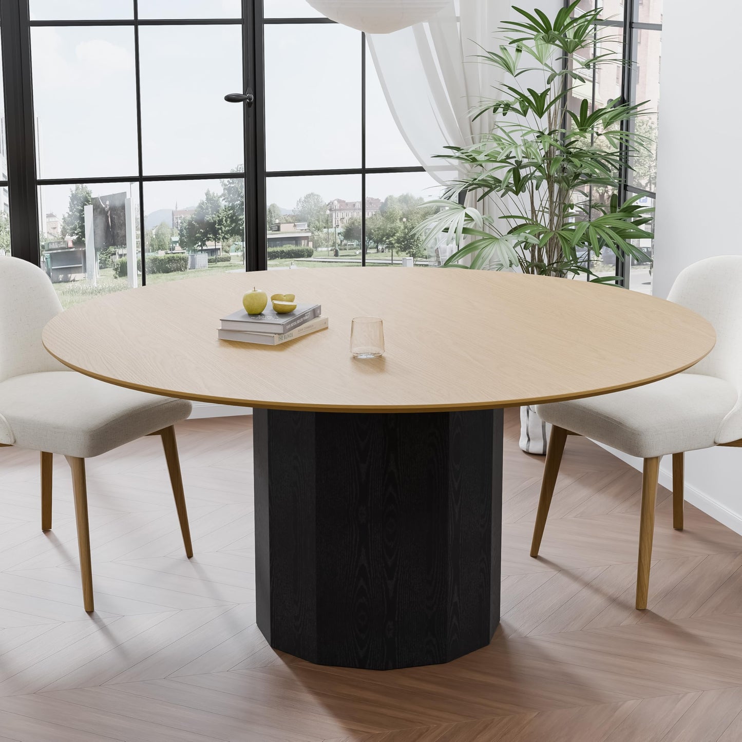 Casaphoria 60 inch Round Dining Table for 8 - Natural Top & Black Pedestal Base - Two-Tone Modern Kitchen Table - Large Circular Dining Room Table