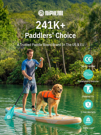 Niphean (Extra Large) Inflatable Paddle Board, SUP for 2+1 People/Family 500lbs Capacity Stand Up Paddle Board with SUP Accessories, StabilTrac Fin Non-Slip Paddleboard for Adults-Classic Wood