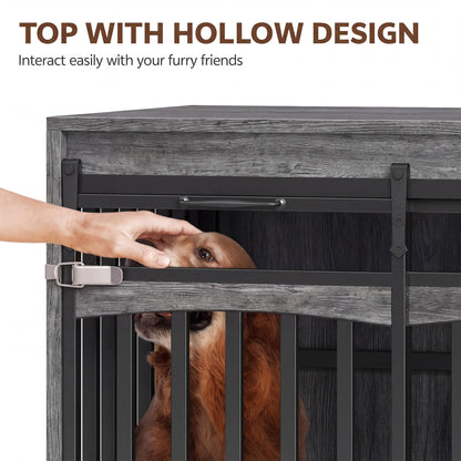 Homiflex 68.9" Large Dog Crate Furniture with 3 Storage Drawers Farmhouse Dog Kennel TV Stand Indoor for Large Medium Dogs Decorative Dog Cage with Sliding Barn Door & Power Outlet Grey