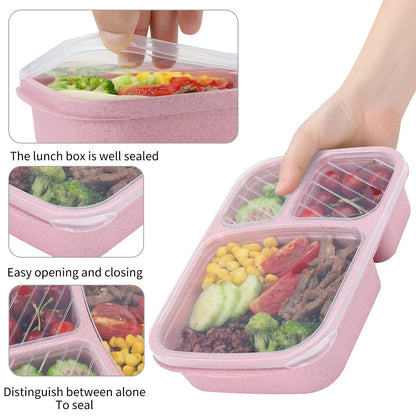 buluker 4 Pack Bento Lunch Box Set 3 Compartment Food Storage Containers Wheat Straw Meal Prep Lunch Box Plastic Food Storage Containers, Microwave and Dishwasher Safe (light colour)