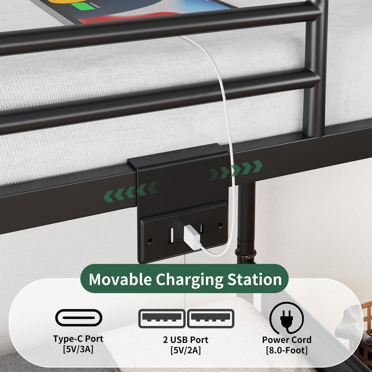 Jocoevol Metal LED Bunk Bed Twin Over Twin with 2 Storage Drawers, USB Charging Station, Industrial Bunkbeds Heavy Duty Bed with Safety Guardrail and Ladder, No Box Spring Needed, Black