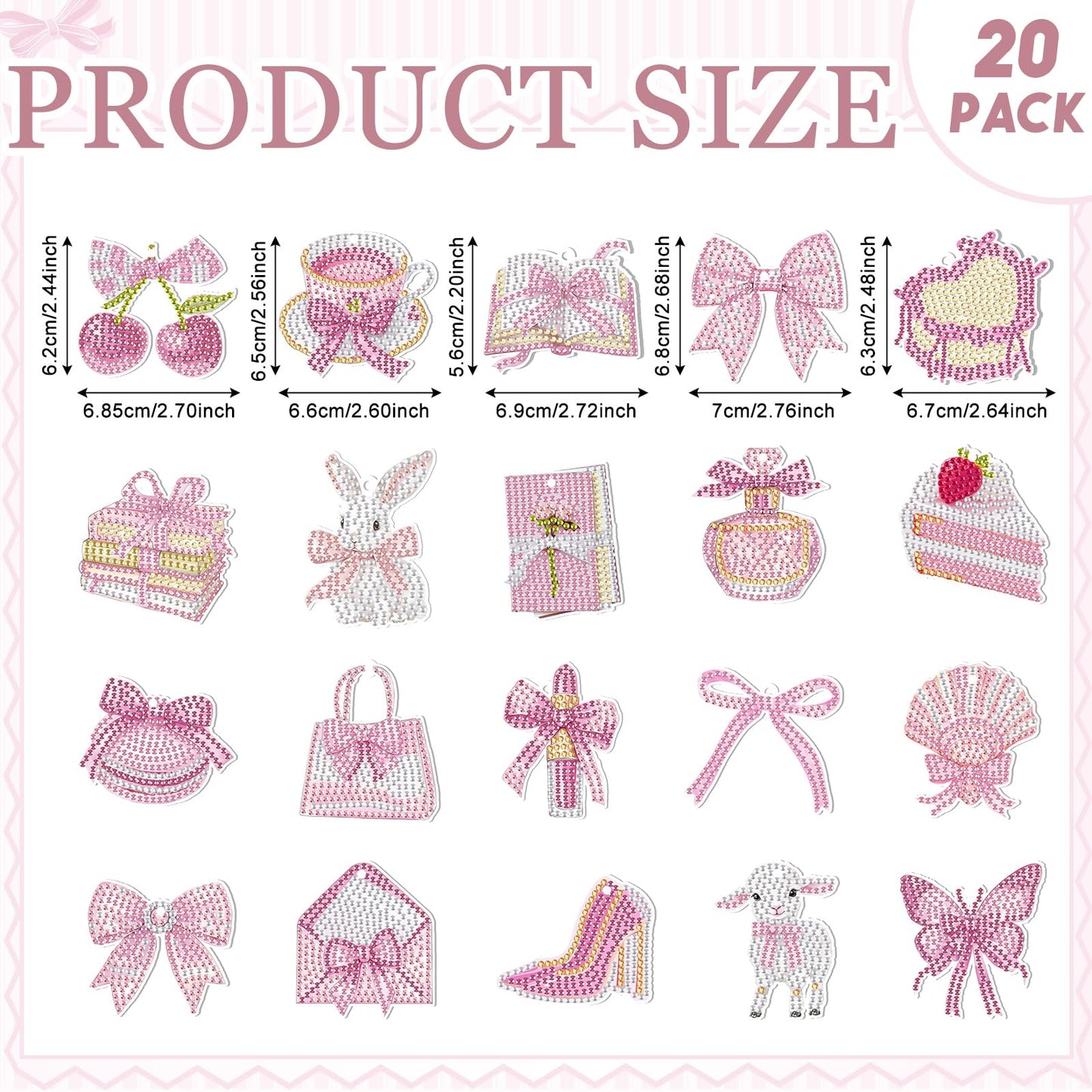 Aurelema 20 Pieces Pink Bow Diamond Painting Keychains Coquette Party Diamond Art Keychain 5d DIY Painting Art Kits for Women Crafts Party Decor