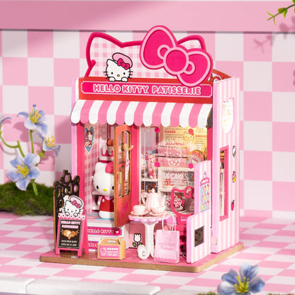 Hands Craft Hello Kitty Patisserie Miniature House Kit with Hello Kitty Figurine – Kawaii 3D Puzzle with Switch Activated LED Lights – DIY Wooden Craft Kit for Bedroom or Bookshelf Decor & Gifts