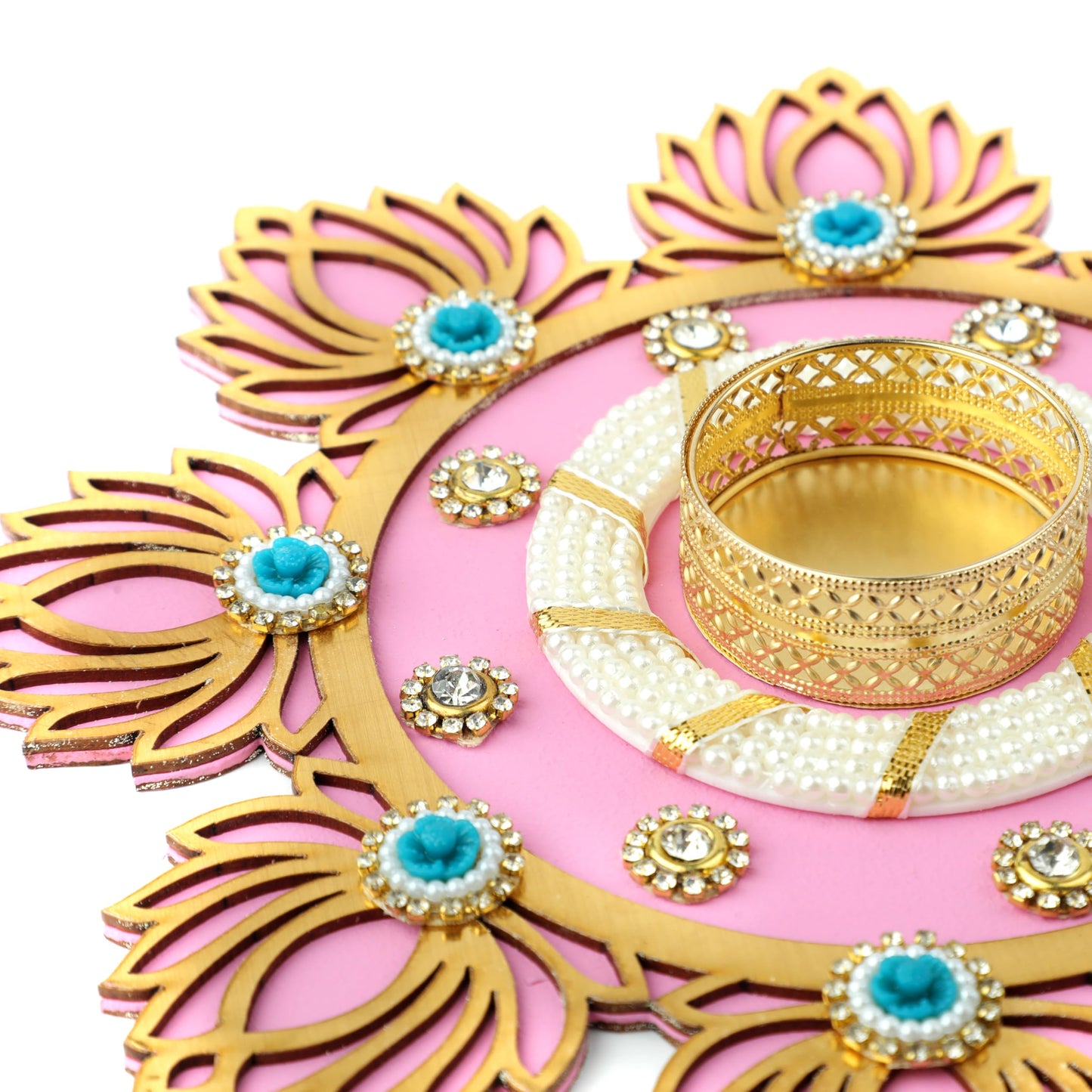 Aditri Creation Decorative MDF Lotus Rangoli with T-Light Candle Holder Stand for Indian Cultural Festival Gifts Made up of Golden Embroideries New Year Gifting Idea Home Decor(Size:-8")(Light Pink)