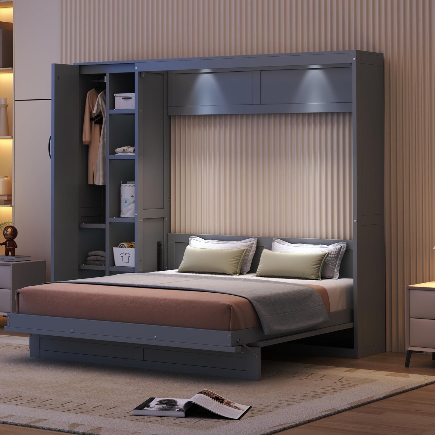 Ball & Cast Murphy Bed Queen Size Wall Chest with Shelves and 4 Drawers,Wood Hideaway Cabinet Platform Bedframe w/LED Lights,can be Folded,Space-Saving,for Small Room,Dorms,Gray