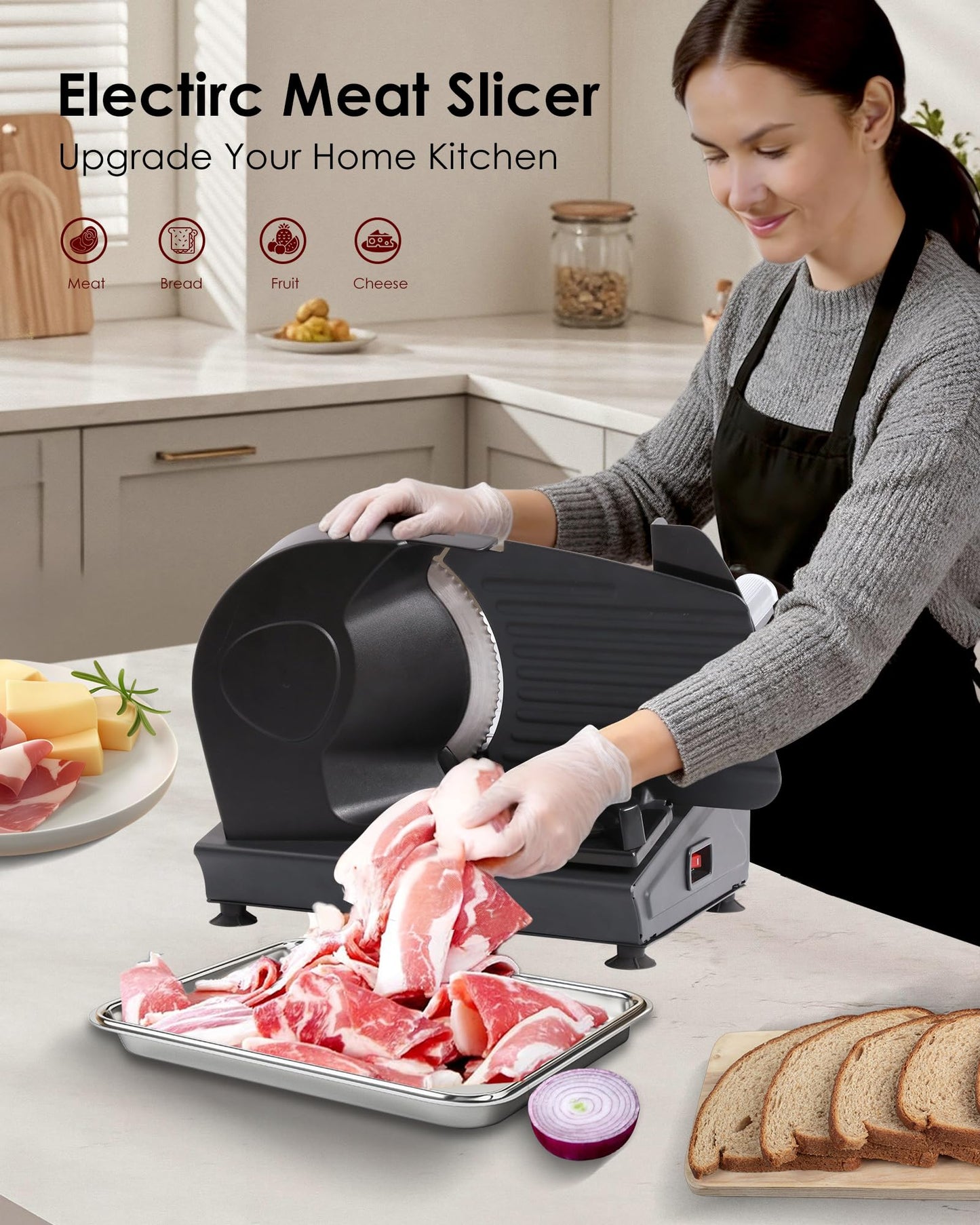 Meat Slicer Machine for Home Use - Electric Deli Food Slicer with Removable 7.5'' Stainless Steel Blade, 1-15mm Adjustable Thickness Meat Slicers for Slicing Meat, Cheese, Bread, Easy to Clean (Black)