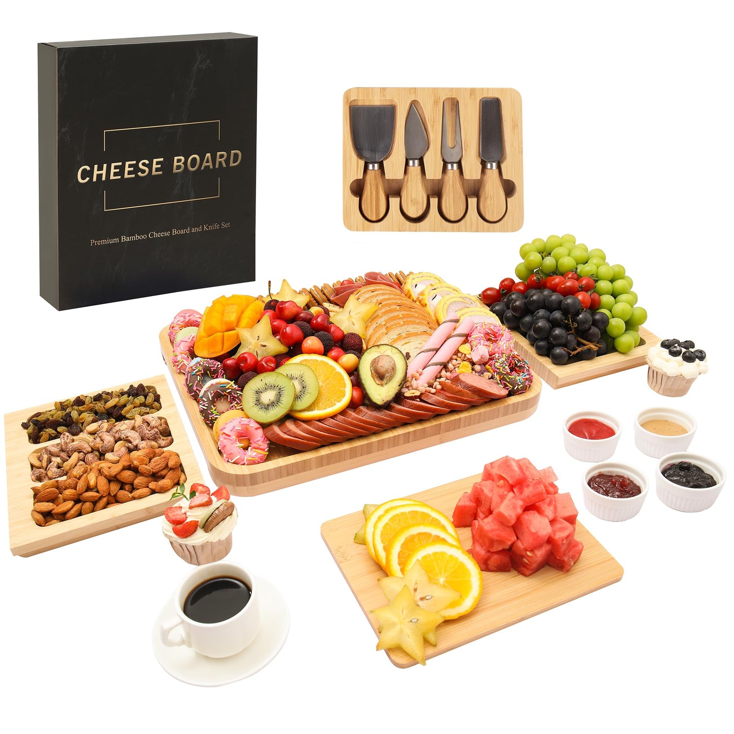 Charcuterie Board Set - Bamboo Cheese Board & Serving Tray with Stainless Steel Knives and Bowls, Housewarming Gifts New Home, Gift for Wedding Couple, Bridal Shower (NLB, 02)