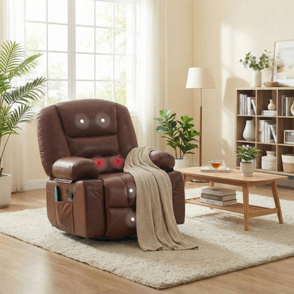 Oversized Wide Recliner Chair-Heat and Vibration Massage, PU Leather Manual Recliner for Adults, 360° Swivel Rocker Chair with Cup Holders & Side Pocket,Lazy Boy Chair for Living Room, Bedroom,Brown