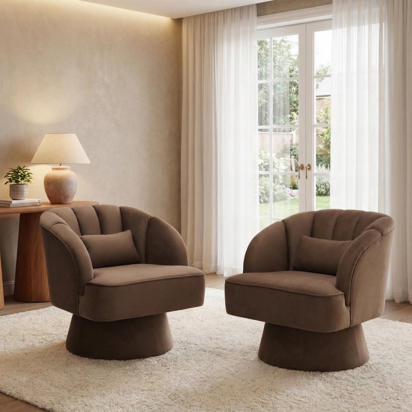 IDEALHOUSE Swivel Accent Chair with Armrests, 360° Mid Century Modern Swivel Barrel Chair, Modern Cozy Velvet Armchair for Living Room, Bedroom, Small Space, Brown