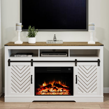 May in color Farmhouse Fireplace TV Stand for 65+ TV, 34" Tall Rustic TV Console with Sliding Bar Door, Entertainment Center with 23" Electric Fireplace with Remote for Living Room, White and Wood Ton