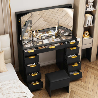 Fkhouse Glass Top Vanity Desk with Foldable Mirror and Lights, 11 Drawers Makeup Vanity with Charging Station, 3 Lighting Modes Dressing Table with Chair, Black