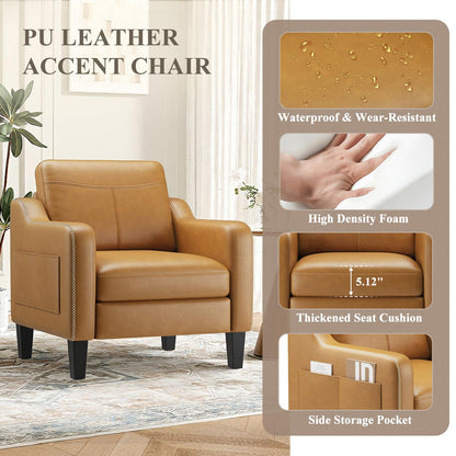 MALOL PU Leather Accent Chair Set of 2, Mid-Century Modern Living Room Armchair Sofa with Removable Cushions, Solid Wood Frame & Stitched Armrest Design, Bedroom Chair with Plastic Legs, Brown