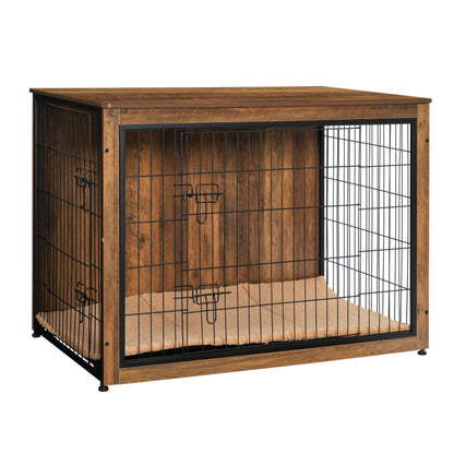 DWANTON Dog Crate Furniture with Cushion, Wooden Kennel Table with Double Doors, Indoor Dog House, Extra Large, 43.3" L, Warm Brown