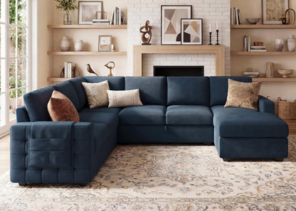 HONBAY Sleeper Sectional Couch with Pull-Out Bed Sectional Sleeper Sofa Pull Out Bed with Storage Chaise, 6 Seaters Couch for Living Room, Velvet Blue