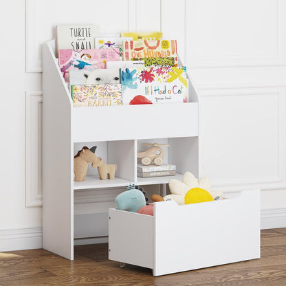 UTEX Kids Bookshelf with Movable Toy Box, Toddler Book Shelf and Toy Storage, Children Book Display Rack Toy Chest Combo for Kids Room & Nursery, White