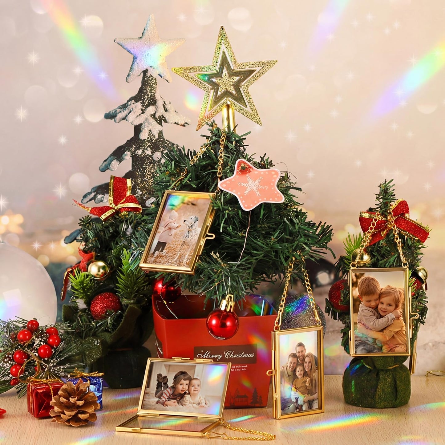 JUXYES 4 Pack Mini Brass Floating Frames Ornaments With Hanging Chain - Double Glass Tiny Picture Display Frame - Gold Wallet Size Floater Style Gallery Wall Frame for Pressed Flowers, Vertical