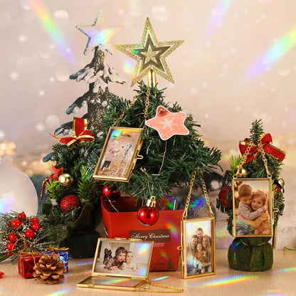 JUXYES 4 Pack Mini Brass Floating Frames Ornaments With Hanging Chain - Double Glass Tiny Picture Display Frame - Gold Wallet Size Floater Style Gallery Wall Frame for Pressed Flowers, Vertical