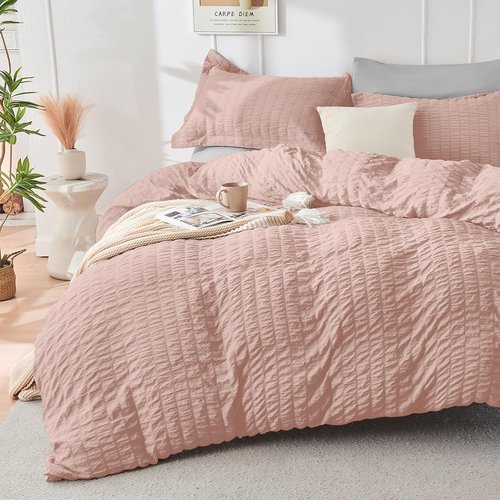 HYMOKEGE Full Size Comforter Set - Luxury 7-Piece Seersucker Bedding in Rose Gold & Light Grey