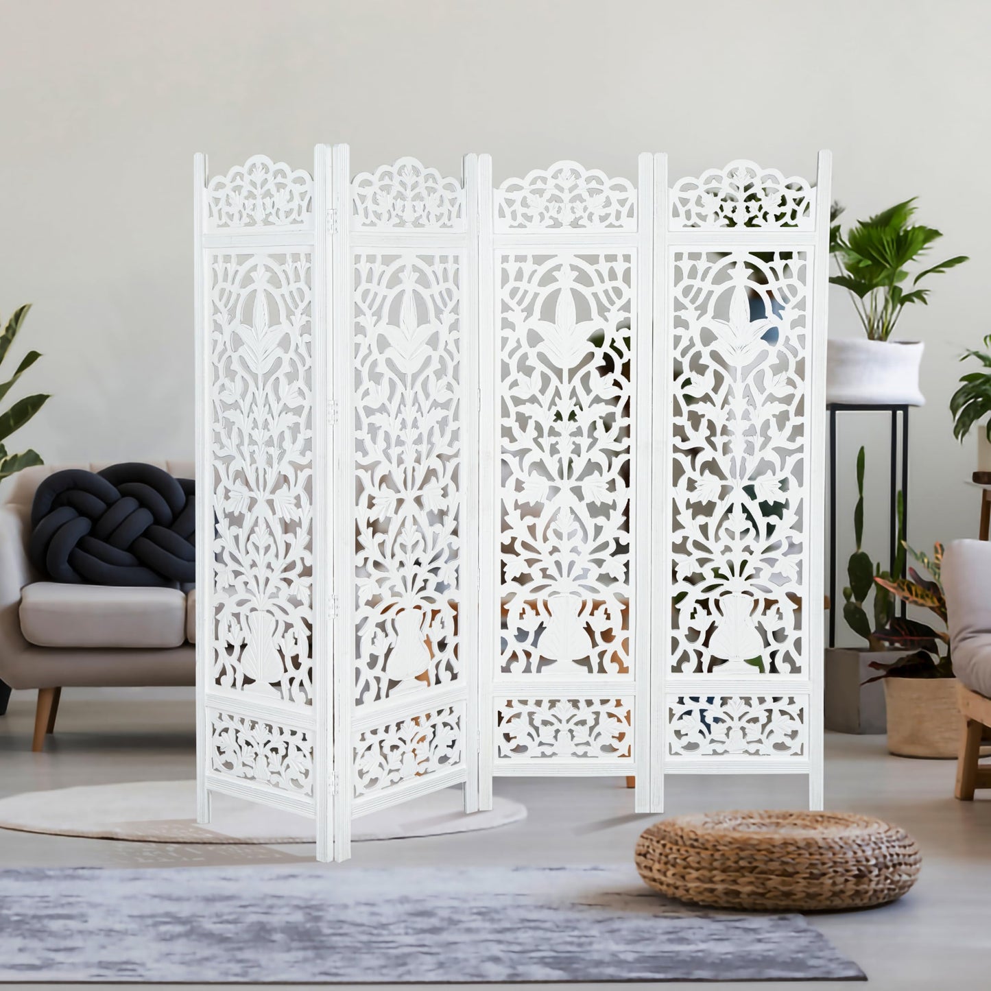 Lightnpro 4-Panel Wooden Room Divider 72"×72" - Hand-Carved Floral Folding Privacy Screen | Pre-Assembled Large Decorative Partition for Living Room, Bedroom, Office & Boho Home Décor - Antique White