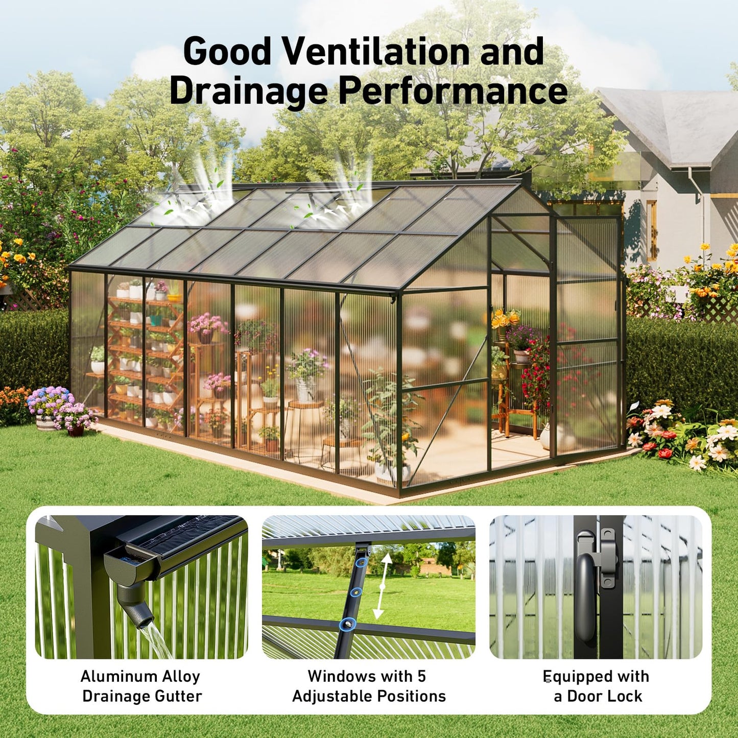 SYLVIERA 8x14FT Walk-in Greenhouse with Hygrometer,Polycarbonate Green House with UV Protection, Heavy Duty Greenhouse with Windproof Aluminum Frame, Roof Vent & Quick-Install Design