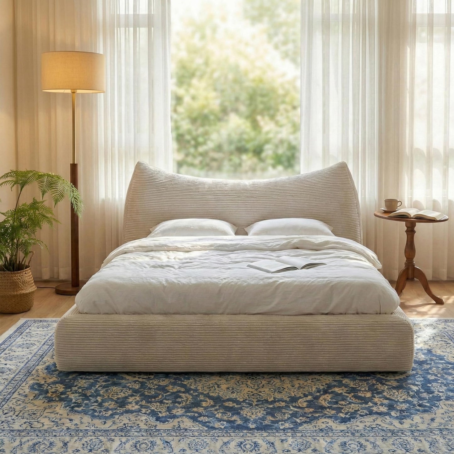 Homkdom Cloud Bed Frame with 9.4" Extra Thick Soft Headboard, Anti-Collision Round Corner Soft Queen Bed Frame for Modern Bedroom,Apartments,Bed Frame Queen Size with No Box Spring Needed,Beige