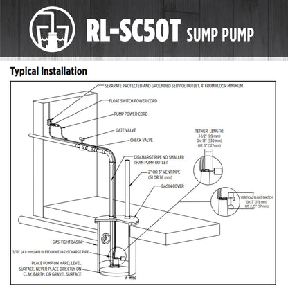 Red Lion RL-SC50T 115-Volt, 1/2 HP, 4300 GPH Cast Iron Sump Pump with Tethered Float Switch, 10-Ft. Cord, Red, 14942746