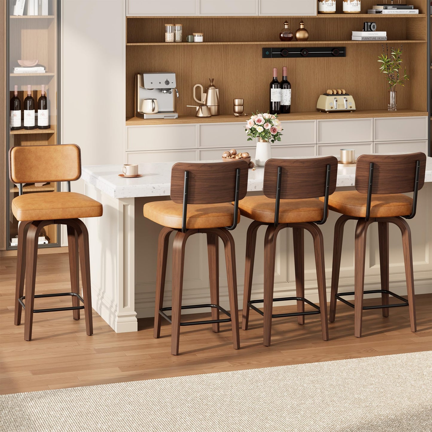 IDEALHOUSE Swivel Bar Stools Set of 4, 26" Upholstered Counter Height Bar Stools with Back and Walnut Wood Legs, Larger Cushion Size 18.3"*17.5", Faux Leather Barstools for Kitchen Counter, Brown