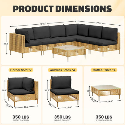 LHBcraft 7-Piece Wicker Outdoor Patio Furniture Set, Modular Rattan Outdoor Furniture, Patio Conversation Sets, Handmade Rattan, Water Resistant Fluffy Cushions and Coffee Table, Black