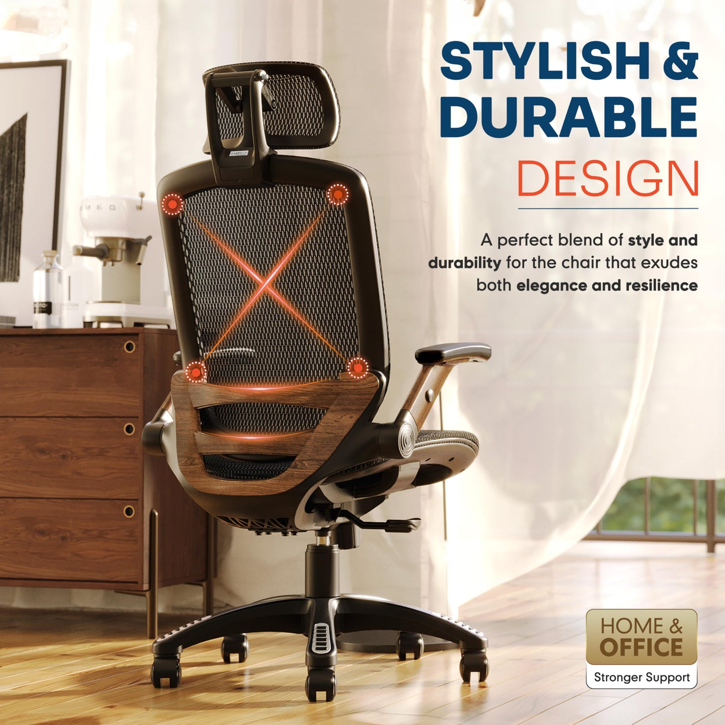 GABRYLLY Ergonomic Office Chair, High Back Home Desk Chair with Headrest, Flip-Up Arms, 90-120° Tilt Lock and Wide Cushion, Big and Tall Mesh Chairs for Man Woman, Black Task Chair(Dark Woodgrain)