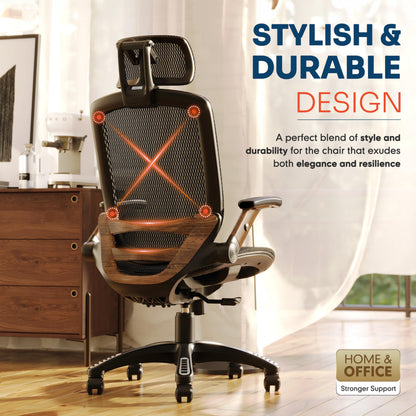 GABRYLLY Ergonomic Office Chair, High Back Home Desk Chair with Headrest, Flip-Up Arms, 90-120° Tilt Lock and Wide Cushion, Big and Tall Mesh Chairs for Man Woman, Black Task Chair(Dark Woodgrain)