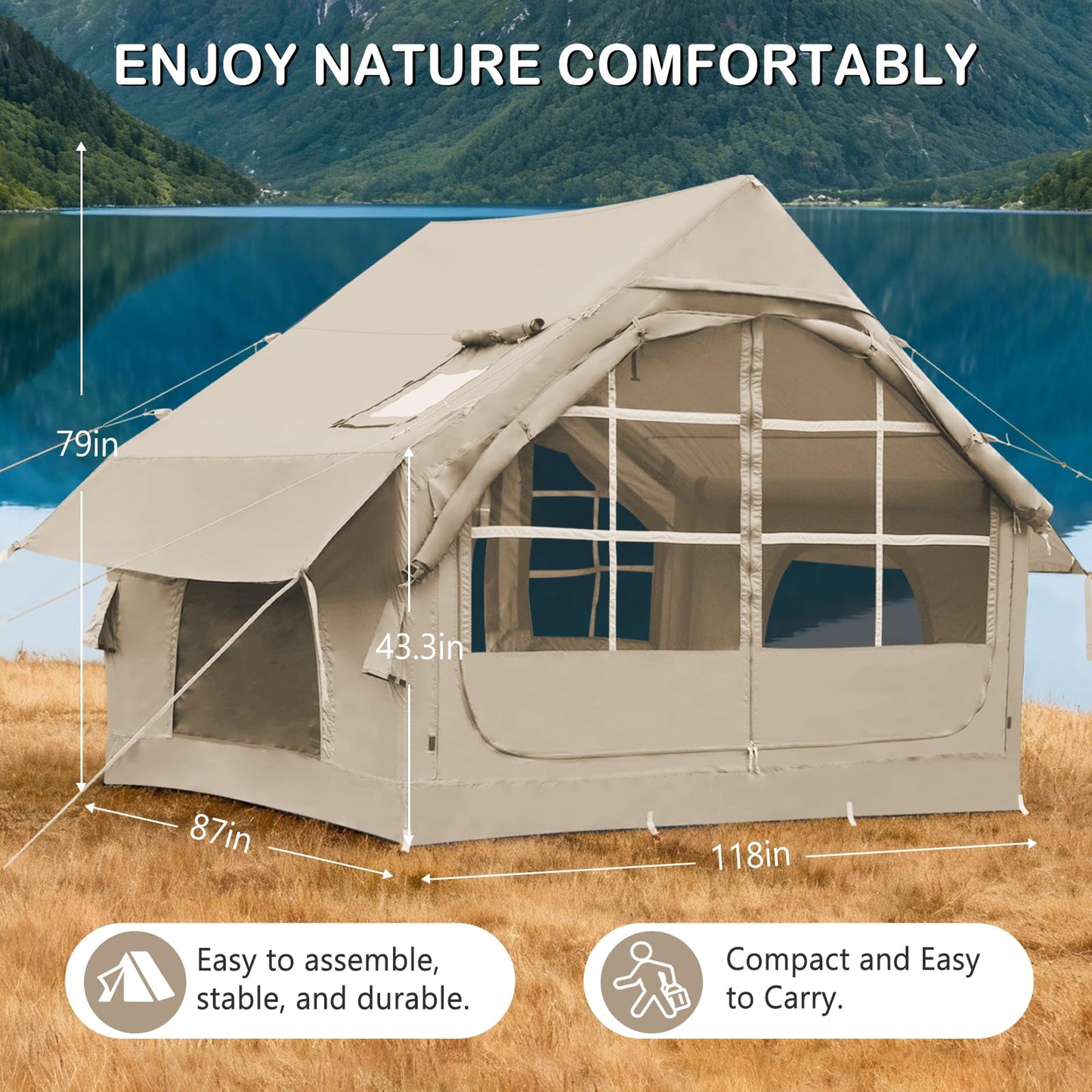 Blow Up Tent with Skylight and Stove Jack,4-6 Person Inflatable Camping Hot Tent with Pump,Easy Setup Family Camping Tent 4 Season Waterproof Outdoor Tents,Beige