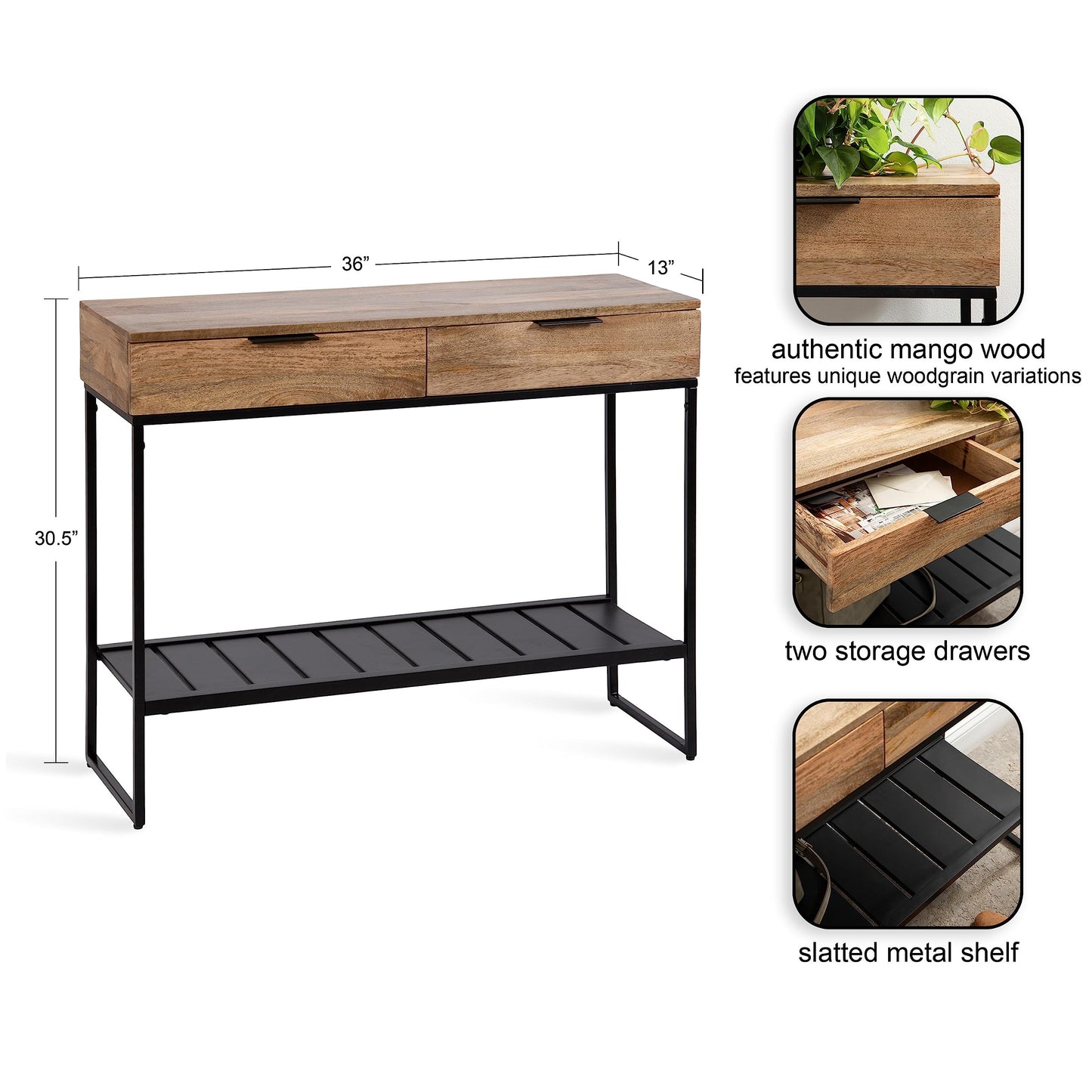 Kate and Laurel Malone Modern Wooden Console Table with Metal Shelf, 36 x 13 x 31, Natural Brown and Black, Transitional Wood Entryway Table with Storage Shelf Below