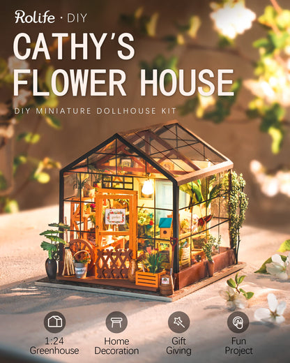 Rolife DIY Miniature House Kit, Cathy's Greenhouse Miniature Dollhouse Tiny/Mini House Making Kit with Furniture for Adults Home Decorations, Diorama Kit Gifts for Family and Friends