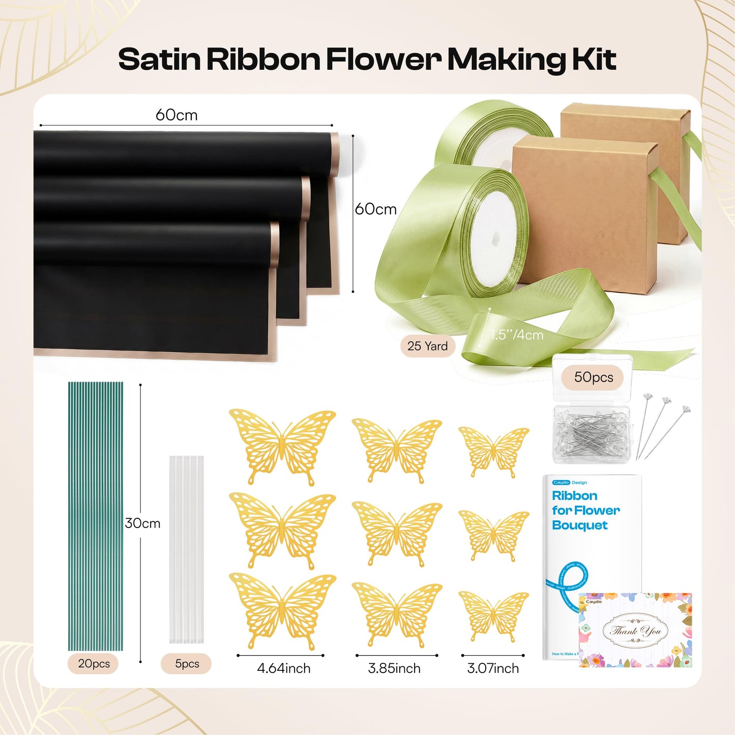 Caydo 1-1/2 Inch Satin Ribbon Flower Making Kit for Birthday Gifts, 50 Yards Sage Green Ribbon with Floral Stem Wire, Wrapping Paper, Glue Stick, 3D Butterfly and Diamond Pins