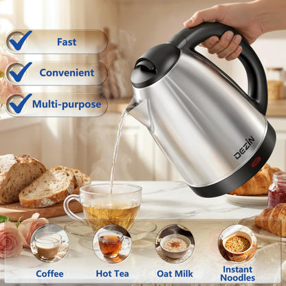 DEZIN Electric Kettle Upgraded, BPA Free 2L Stainless Steel Tea Kettle, Fast Boil Water Warmer with Auto Shut Off and Boil Dry Protection Tech for Coffee, Tea, Beverages