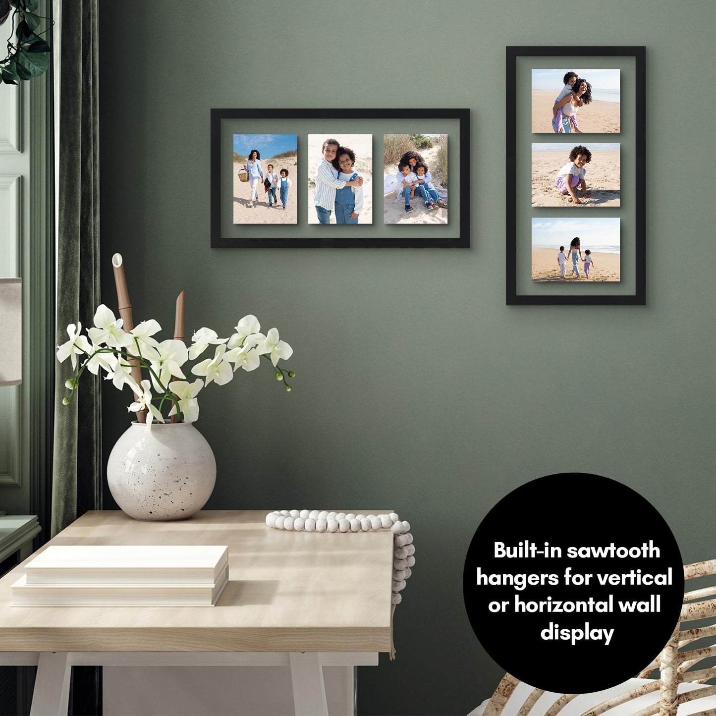 Americanflat 5x7 Picture Frame Collage with Shatter-Resistant Glass - Fits Three 5x7 Photos or use as One 10x20 Picture Frame - Signature Collection - Collage Frames with Floating Effect - Black