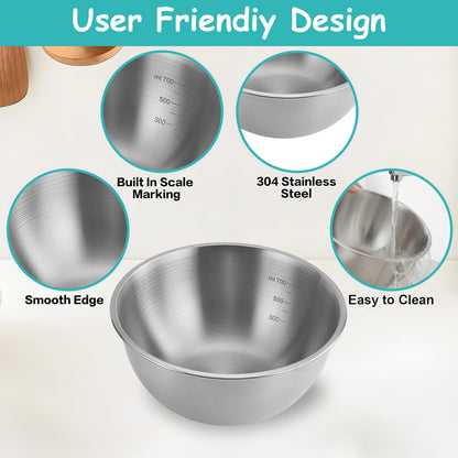12 Pcs 304 Stainless Steel Mixing Bowls with Graduations, Metal Serving Salad Bowls, Reusable Baking Food Storage Containers for Baking, Cooking, Making Salads, Soups, Ice Cream, Noodles, cereal