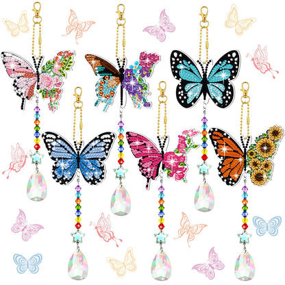 Tradder 6 Pcs Butterfly Diamond Art Wind Chimes Kits, Summer Tree Decor 5d Diamond Art Painting Ornaments with Crystal Pendant Garden Decor, Butterfly Kit, Keychains Crafts for Adults