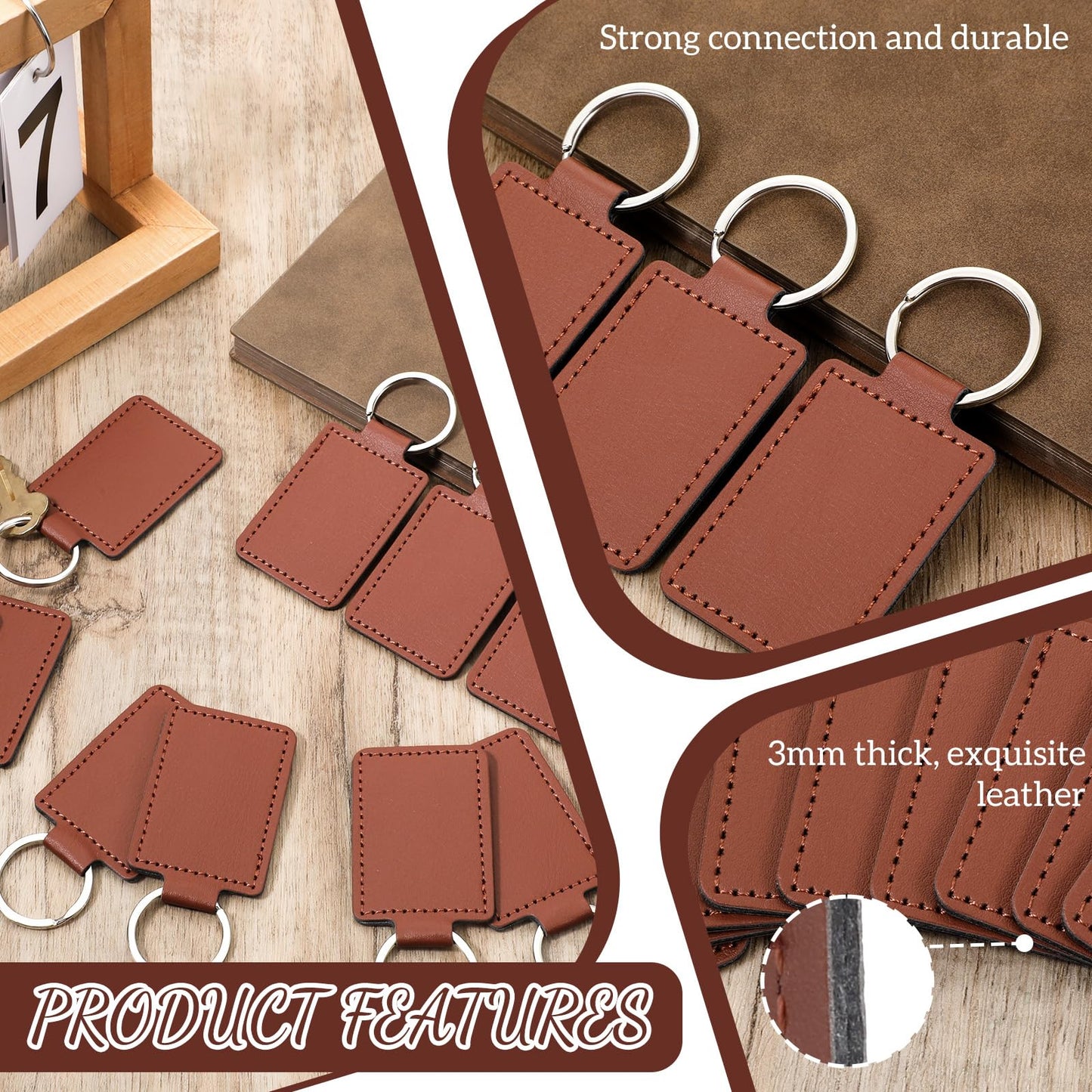 Qianyu 50 Pcs Leather Key Fob Kit PU Blanks with Rivets Key Ring Rectangular Leather Car Keychain Laser Engraving Keychain Universal Keys Chain Holder for Craft Making Stamping DIY Working